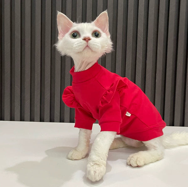 T-shirt rouge avec volants sans cheveux vêtements de chat Sphynx Et Devon Rex Apparel
