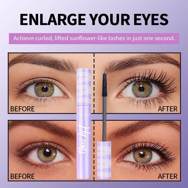 Mascara noir, longueur naturelle, allongement et curling