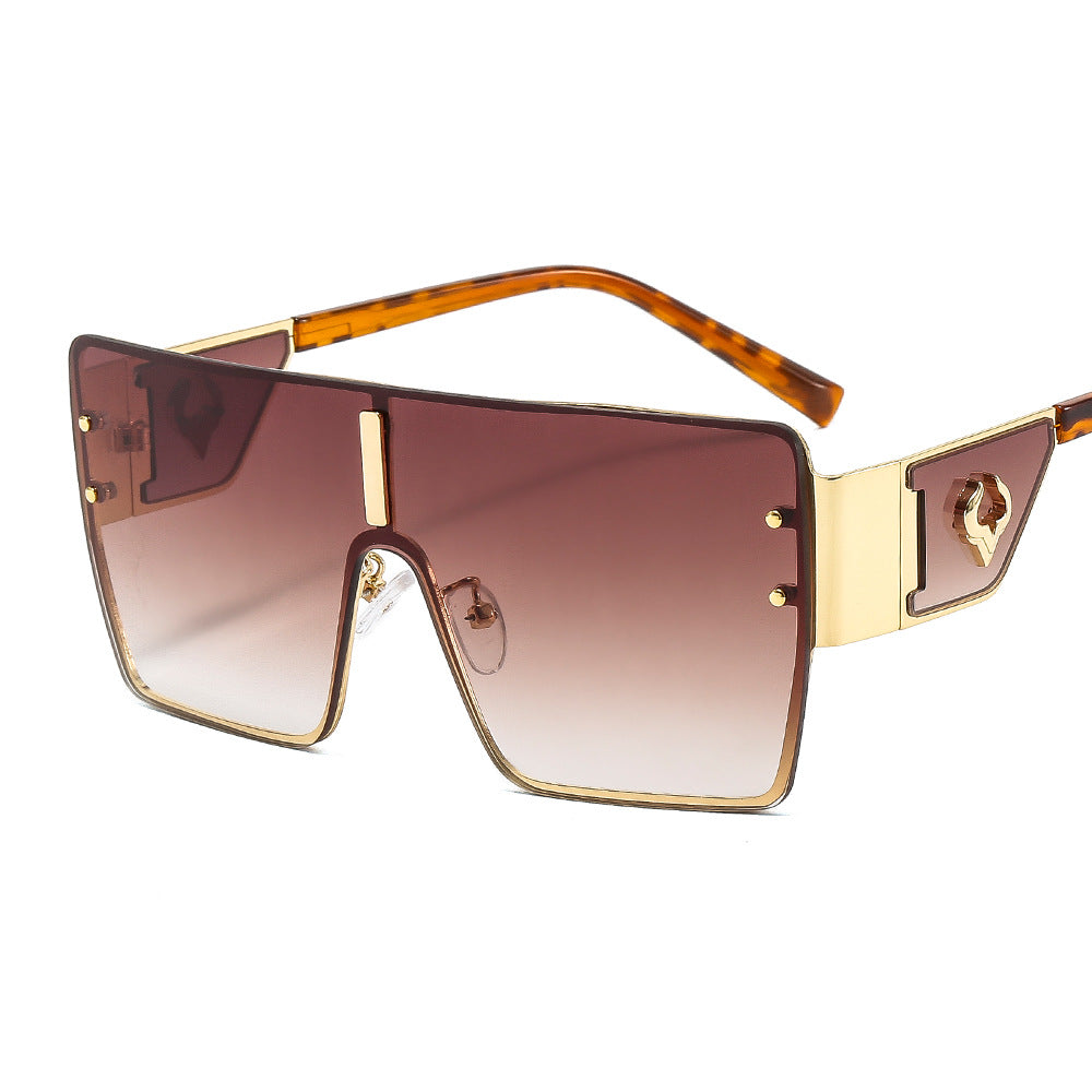 Lunettes de soleil européennes et américaines surdimensionnées en métal d'une pièce avec embellissement à tête d'oxygèneVinta