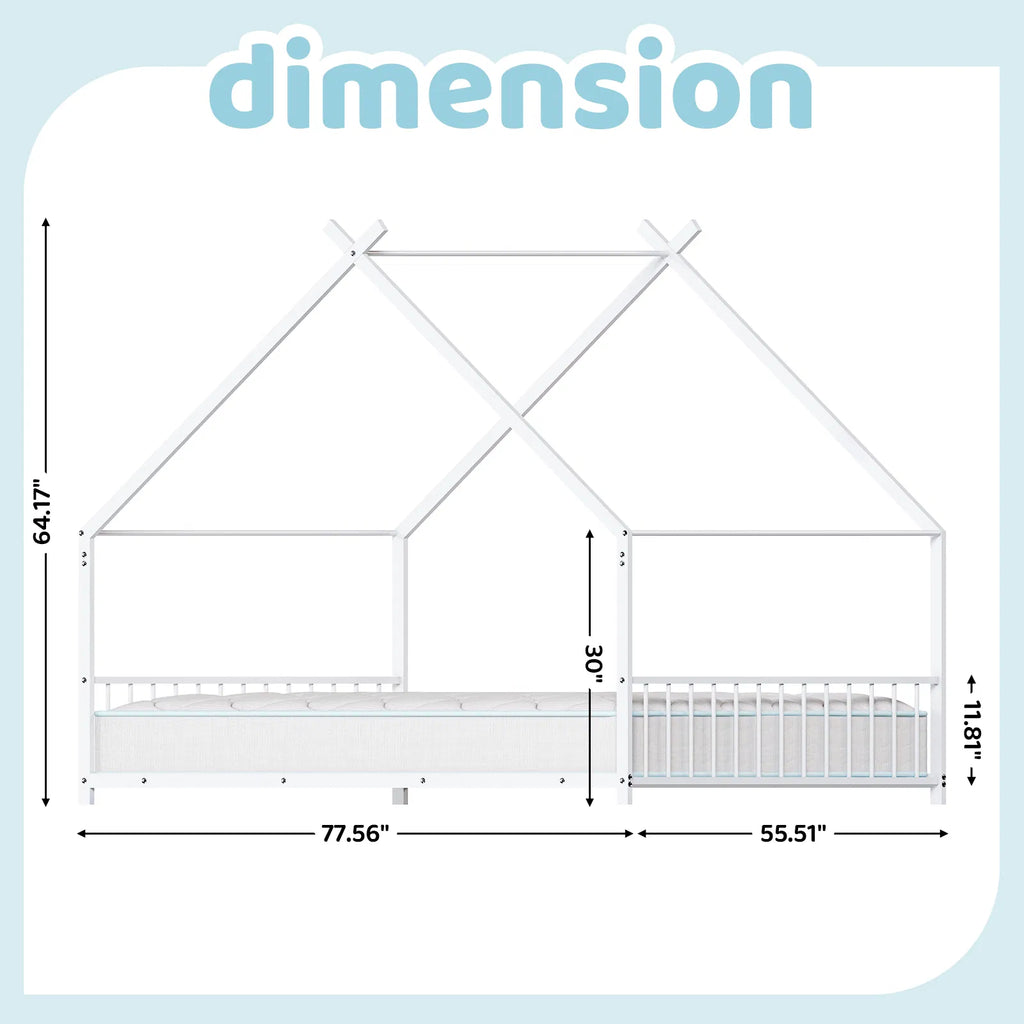 Maison de lit plat blanc en forme avec garde-corps latéraux Lit de fer pour enfants jumeaux