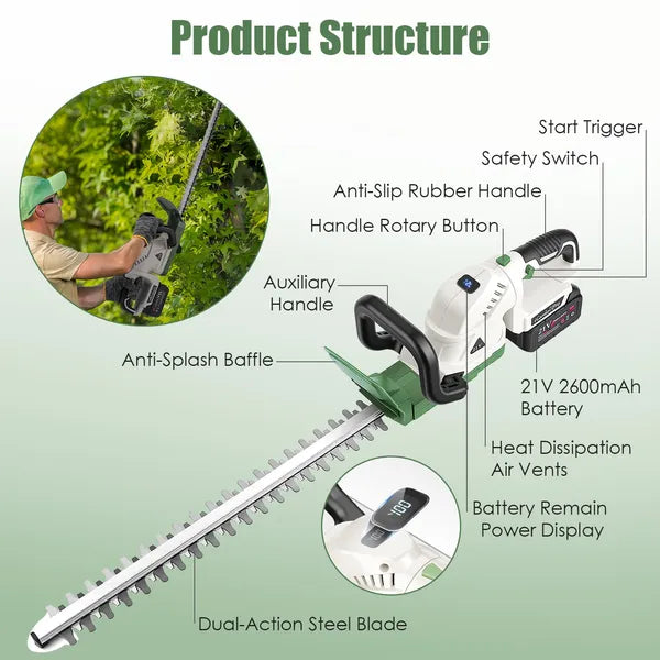 20'' Cordless Hedge Trimmer 21V Trimeur de bush à main étrier électrique avec Du