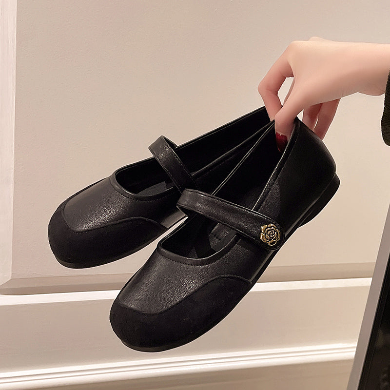 Mocassins d'orteils ronds Femmes Printemps Français Vintage Shallow Bouche Pompes Une Strap Buckle Mary Ja