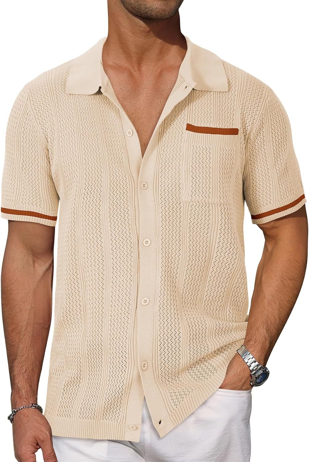 Chemise à manches courtes Poche Hollow Respirant Cool Summer Veste Casual Homme Cardigan