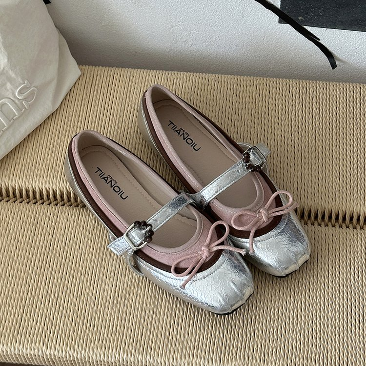 Argent Bow Mary Jane Appartements Femmes Vintage Couleur Bloc Carré Toe Ballet Chaussures plates