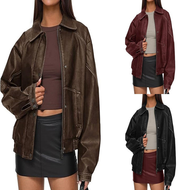 Veste PU femmes Zip-up Casual manteau en cuir