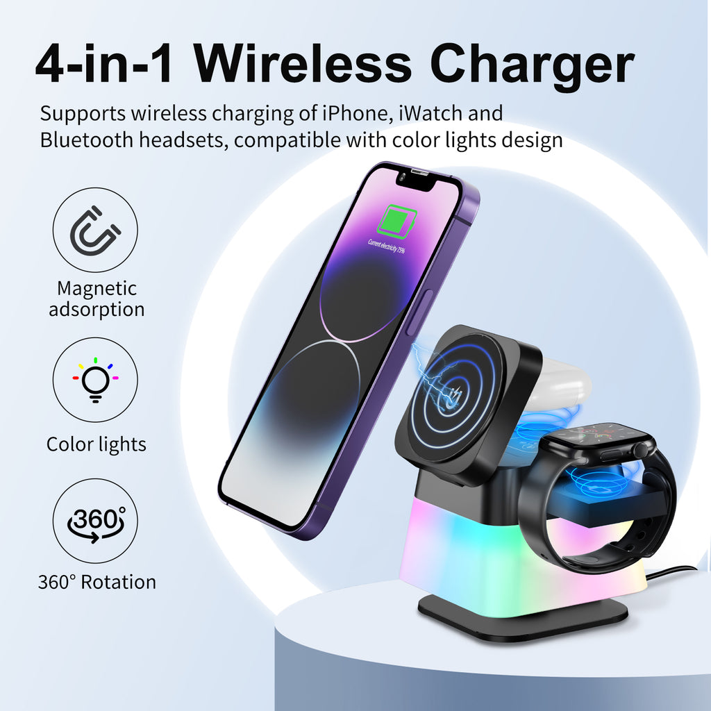 4 En 1 Éclairage coloré rotatif Support chargeur sans fil pour téléphone 15 14 13 12 Pro Max 8