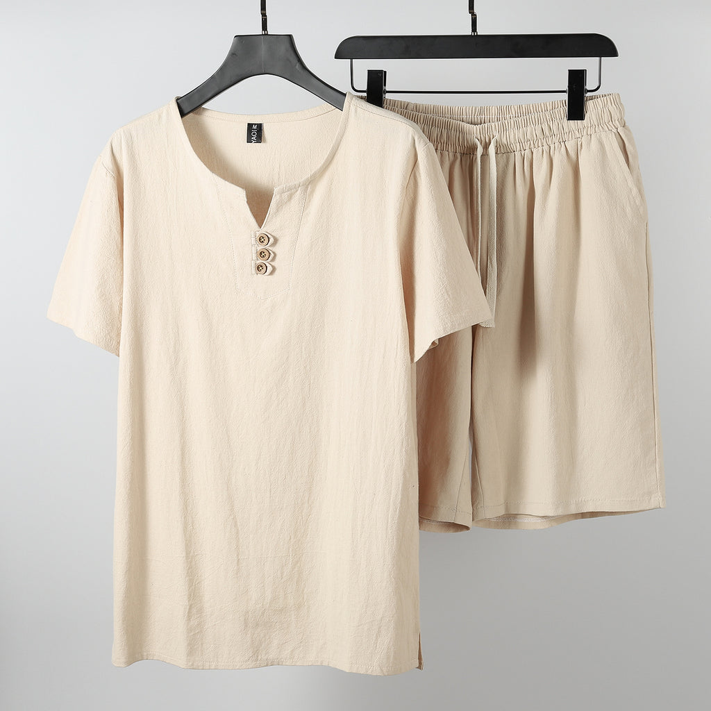 Ensemble de T-shirt en lin retro manches courtes pour hommes