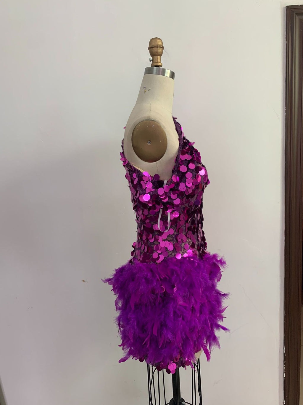 Jupe pourpre à plumes pailletées à une épaule Manche courte Robe de luxe Party Stage Performan