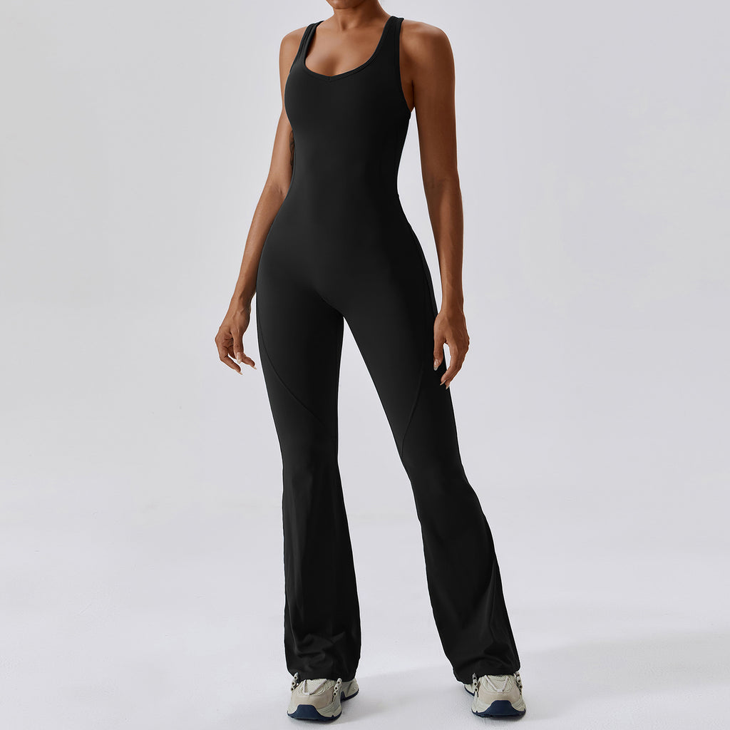 Femmes Quick Dry One Piece Yoga Jumpsuit Haute Taille Tummy Control Butt Lifting Flared Leg B
