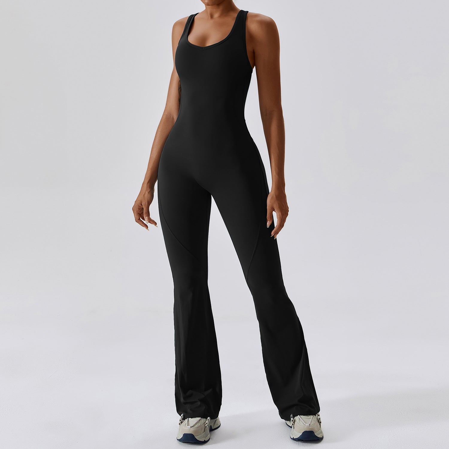 Femmes Quick Dry One Piece Yoga Jumpsuit Haute Taille Tummy Control Butt Lifting Flared Leg B