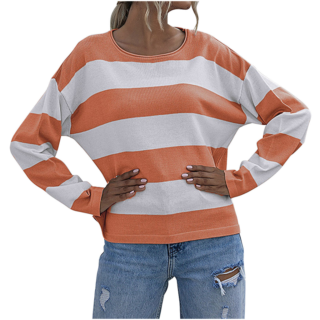Amazon Autumn And Winter European and American Women's Casual Loose Knitted Sweater Stripe