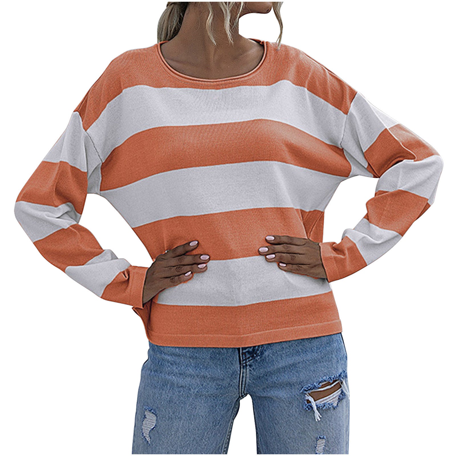Amazon Autumn And Winter European and American Women's Casual Loose Knitted Sweater Stripe