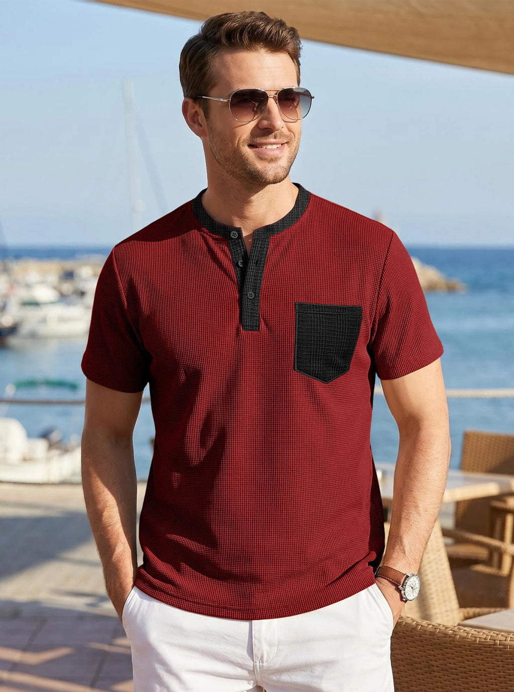 Hommes Waffle Knit Henley T-shirt avec la couleur contrastante Pocket Plus Taille Casual Respirant Shor