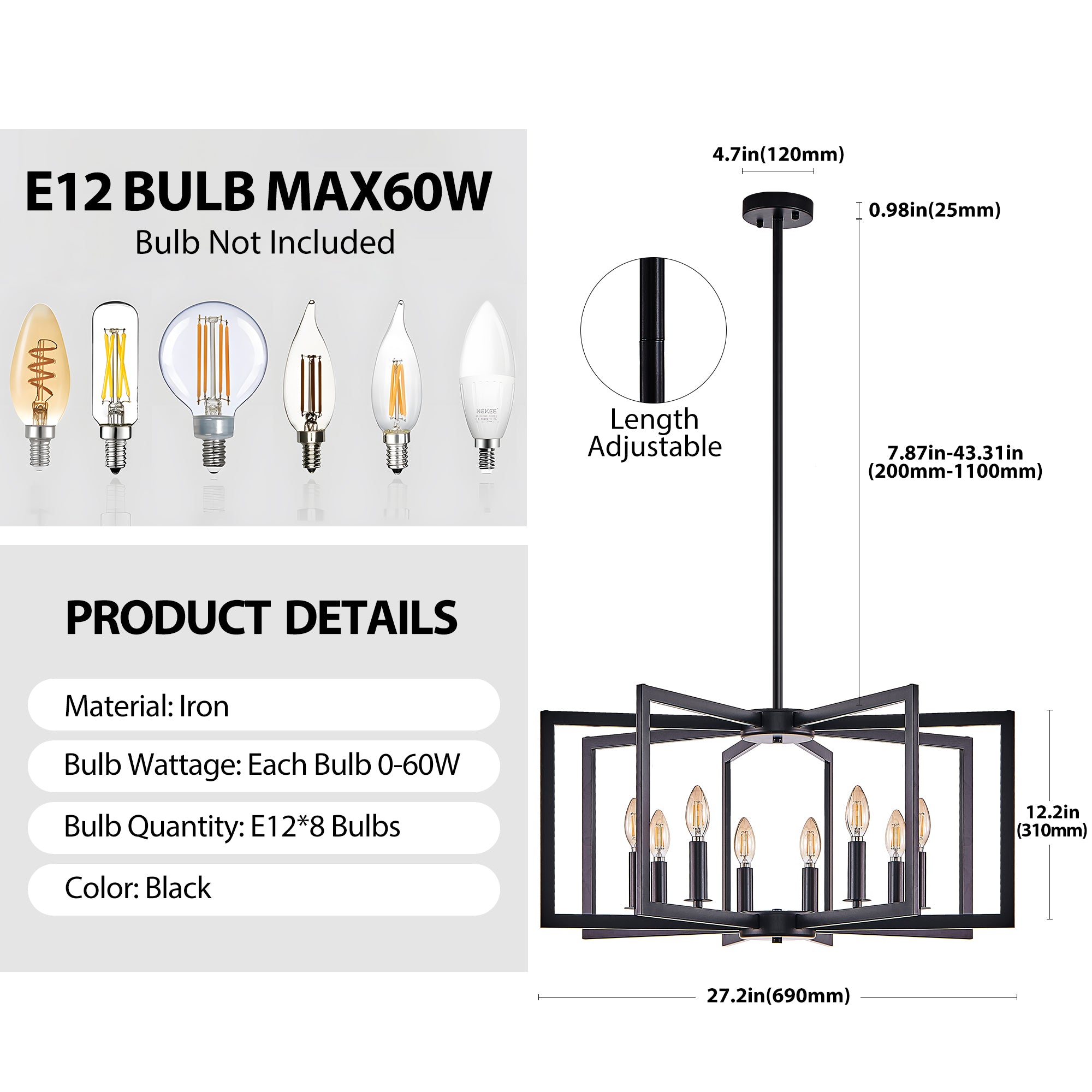 Chandelier 8-Light Geometric Noir moderne de 27" – Luminaire pendentif métallique industriel pour