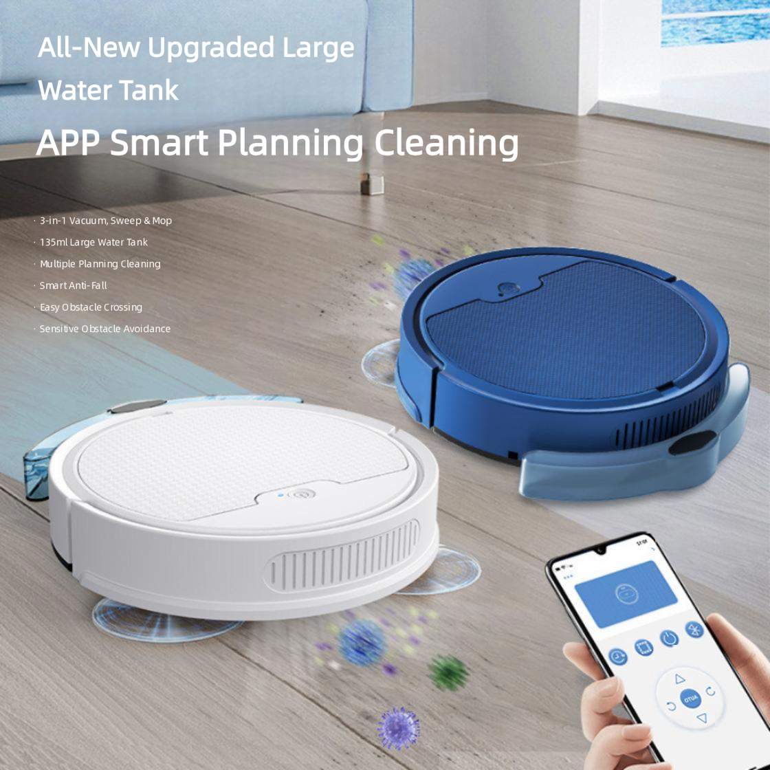 White Robot Vacuum Mop - 3-en-1 Nettoyage sec et humide