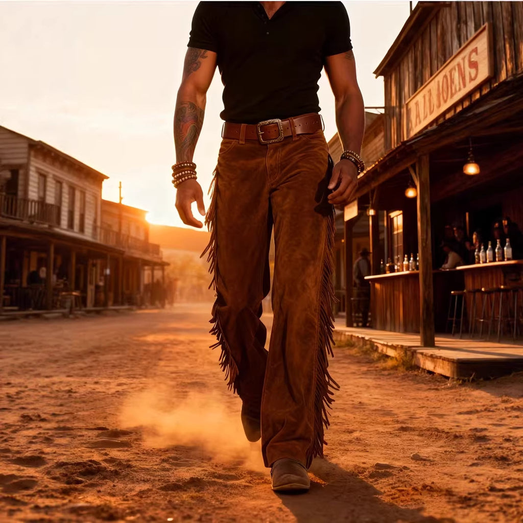 Retro Western Cowboy Deer Skin Fleece Fringe Pantalons à jambes larges