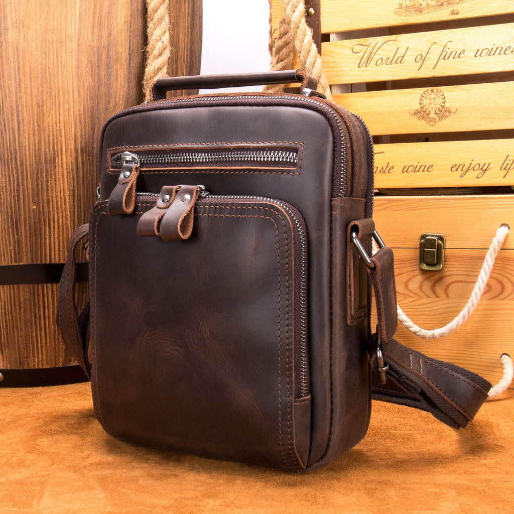 Véritable sac de corps croisé en cuir Hommes Cheval fou Sac d'épaule en cuir multifonctionnel