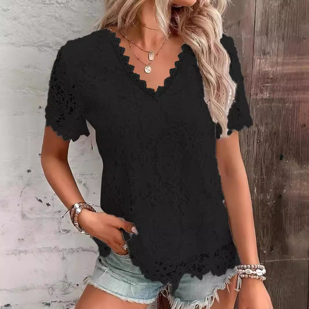 La mode européenne et américaine pour femmes Top polyvalent T-shirt à manches courtes en dentelle sexy