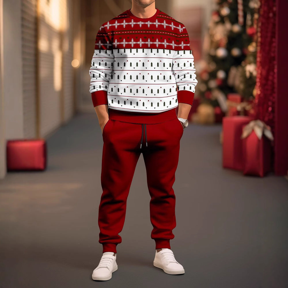 Autumn Men's Crew Neck Long Sleeve Top and Pantalons Set with Christmas Festival Prints