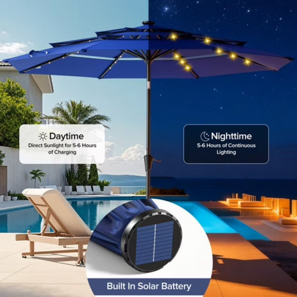 10 FT 3-Layer Solar Patio Umbrella 32 LED Lights Market Umbrella with Adjustable Tilt 8-Rib