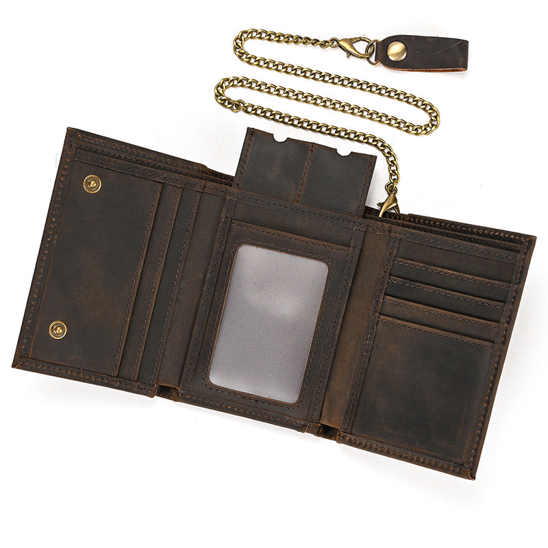 RFID véritable cuir petit portefeuille hommes trois plis de cartes multiples fentes avec chaîne de fer