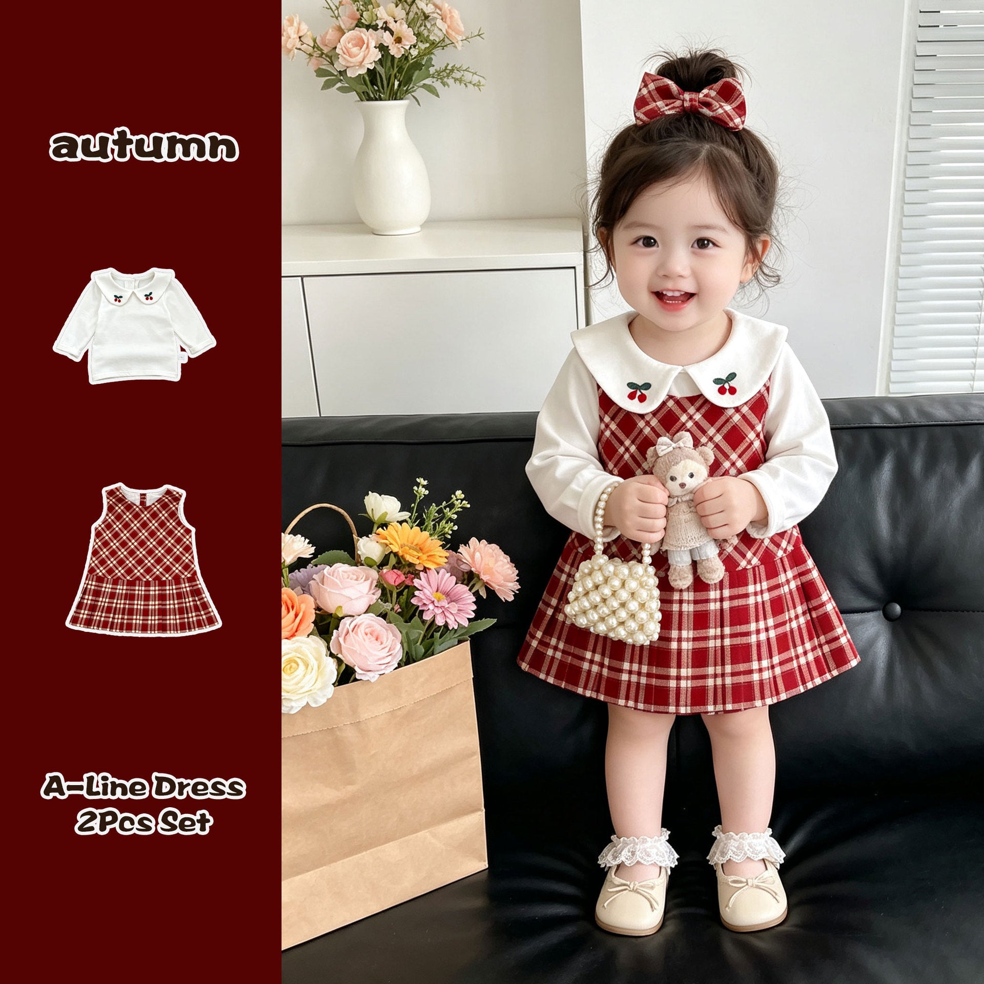 Filles Preppy-Style Plaid Vest Robe Et Mignon Brodé Lapel Botting Shirt Deux-Piece S