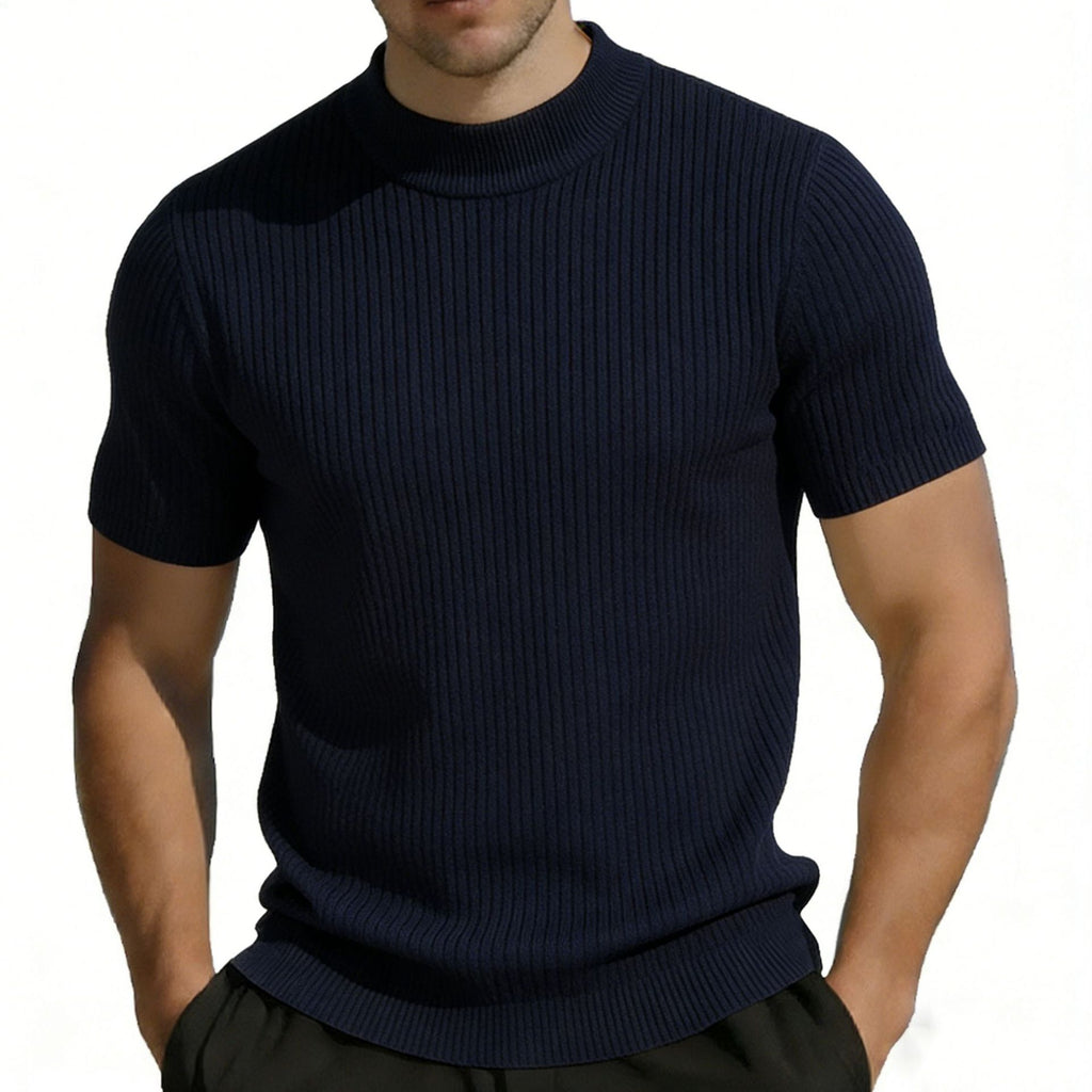 T-shirt tricoté à manches courtes pour homme Mock Neck Couleur solide