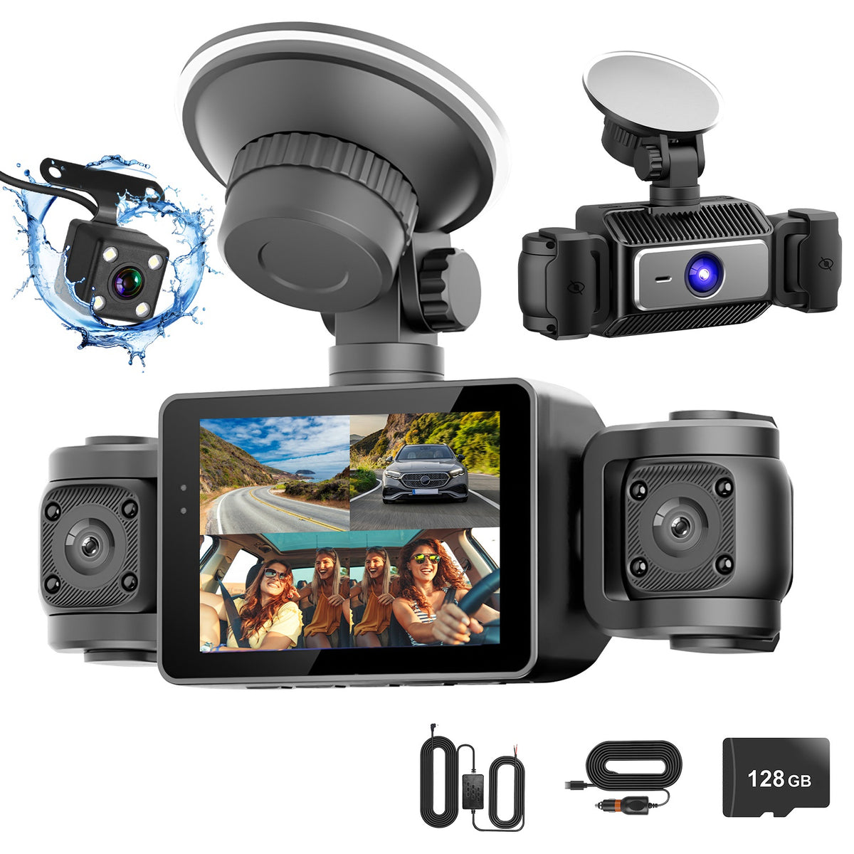 Cam 4 canaux avec carte MMC 128G 1080P avant 720P gauche droite 480P arrière G-sensor P