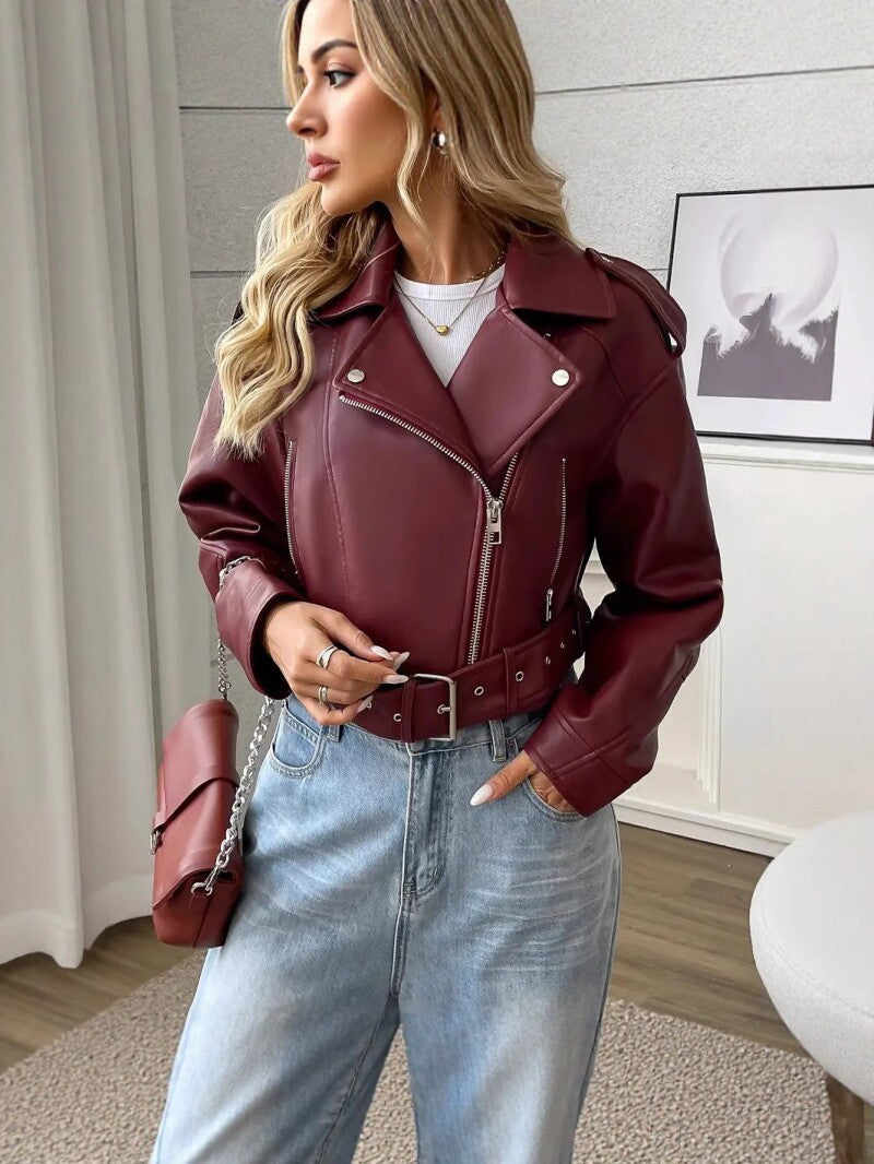 Veste courte en cuir PU Lapel Slim-Fit pour femmes