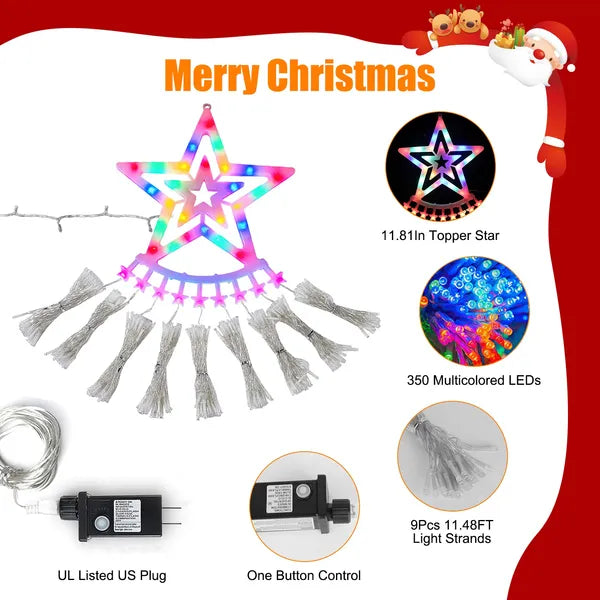 1Pc 11.48FT 350LED Multicolored Christmas Star Waterfall Tree String Light Indoor Outdoor