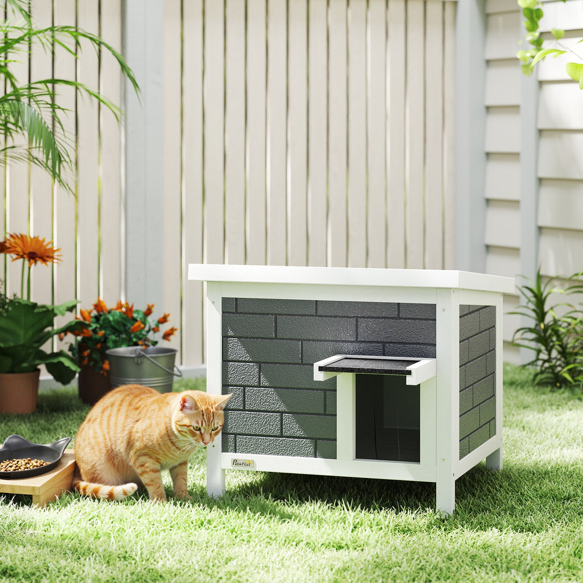 Maison de chat en plein air isolée avec toit ouvert