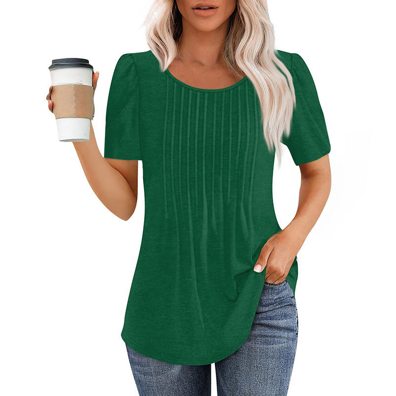 T-shirt à manches courtes à col rond plissé Top femme