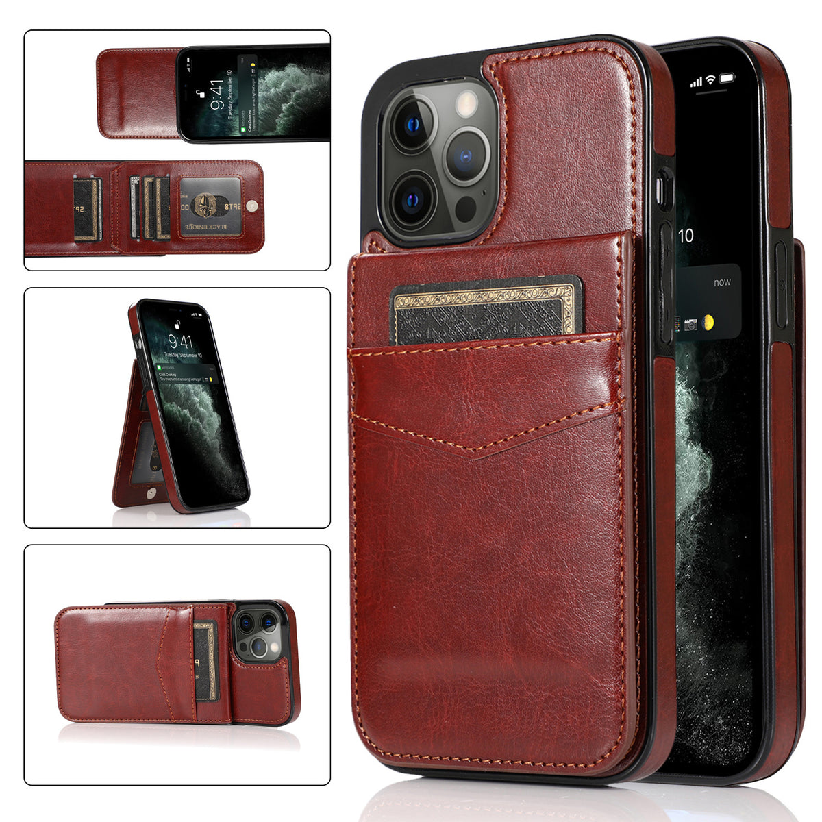 Minimalist Solid-Color Leather Card-Slot Phone Case