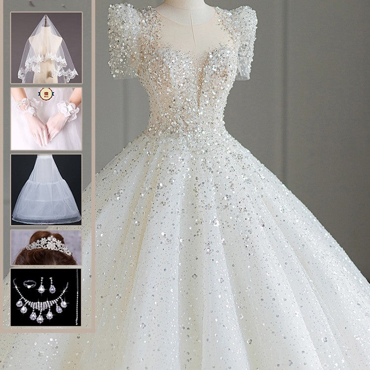 Main fil de mariée grande queue de trailing à grande princesse Texture senior petite sortie de portes Y