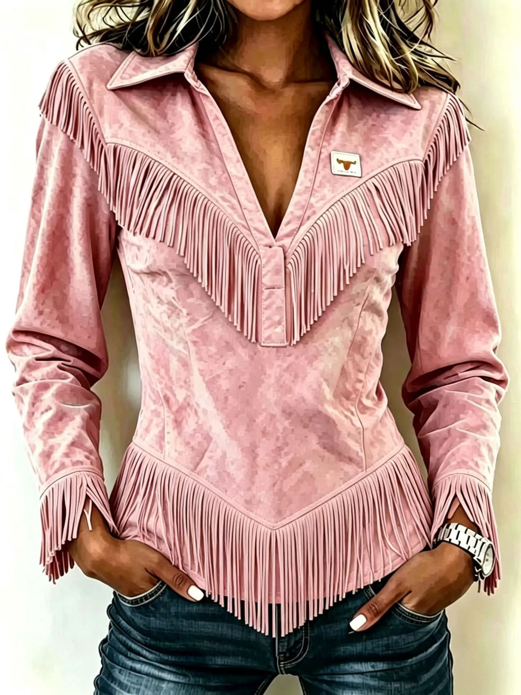 Deerskin Velvet Tassel Slim-fit chemise à manches longues