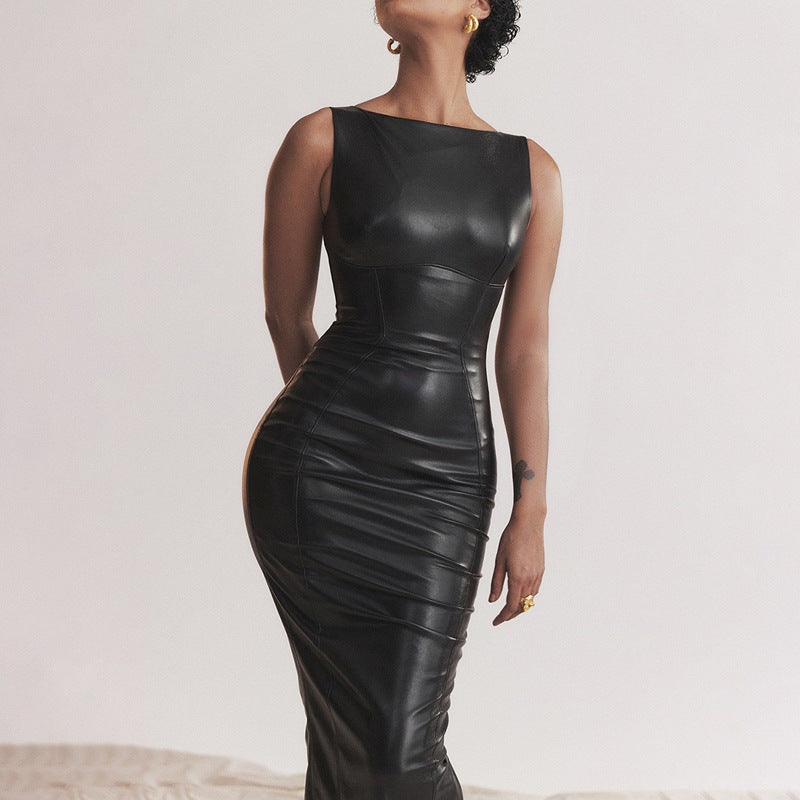 Femme de style européen et américain robe automne PU jupe en cuir Amazon Split robe longue