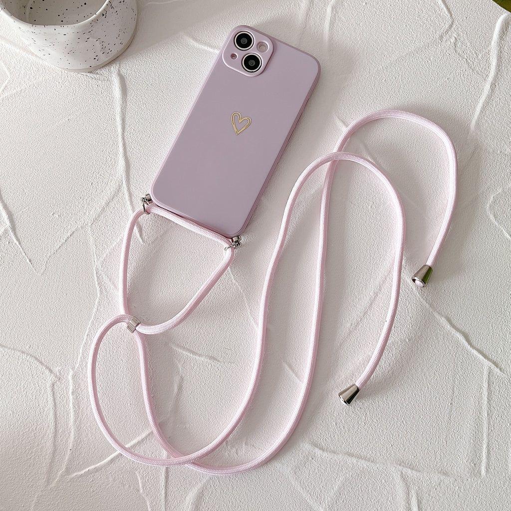 Étui téléphonique de lanyard de petit coeur doré