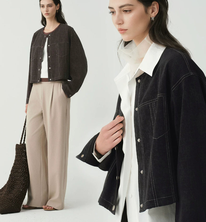 Matte PU short coat with round neck