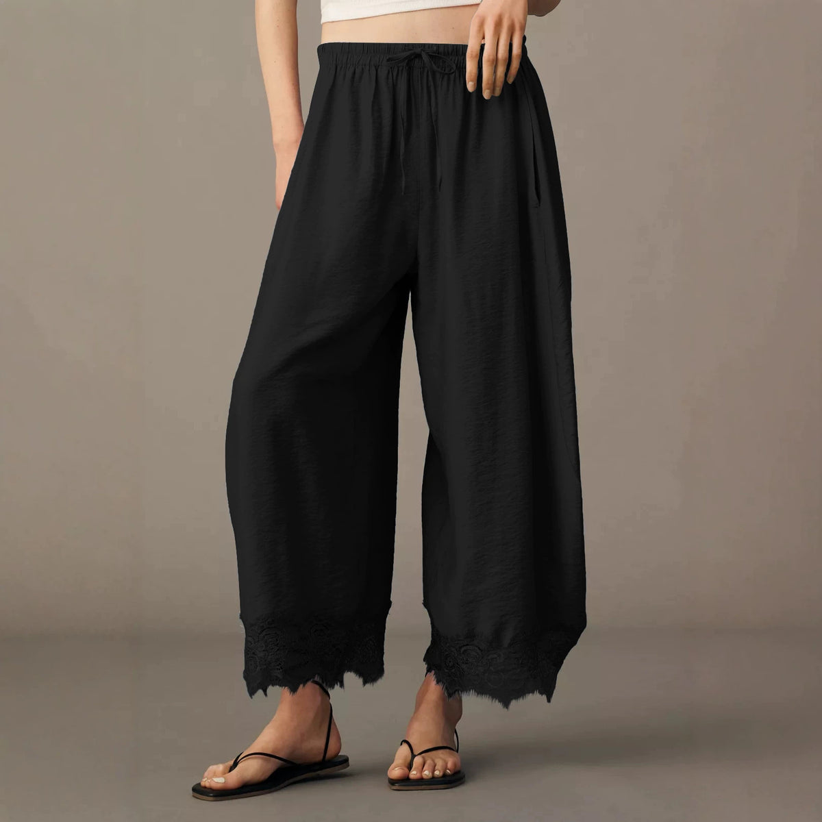 Women's Lace Paneled Wide-Leg Pants with a Burnt Hem