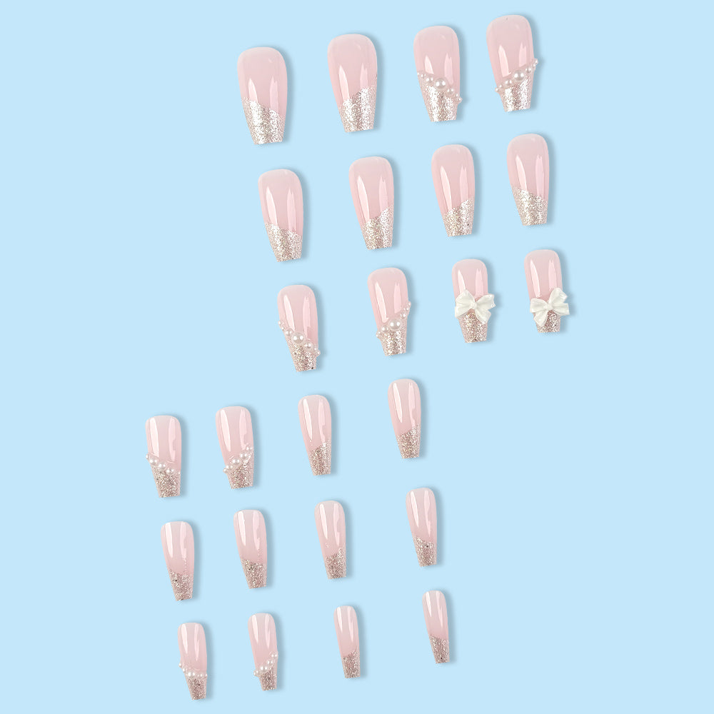 24 pièces de long style en forme de cercueil rose Gradient ongles artificiels avec Y2K argent brillant