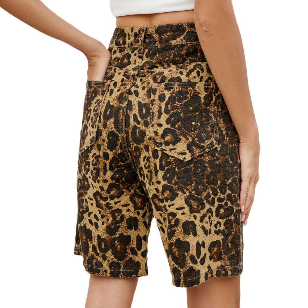 Été Lavé Casual Retro Léopard-Imprimé Slimming Denim Shorts