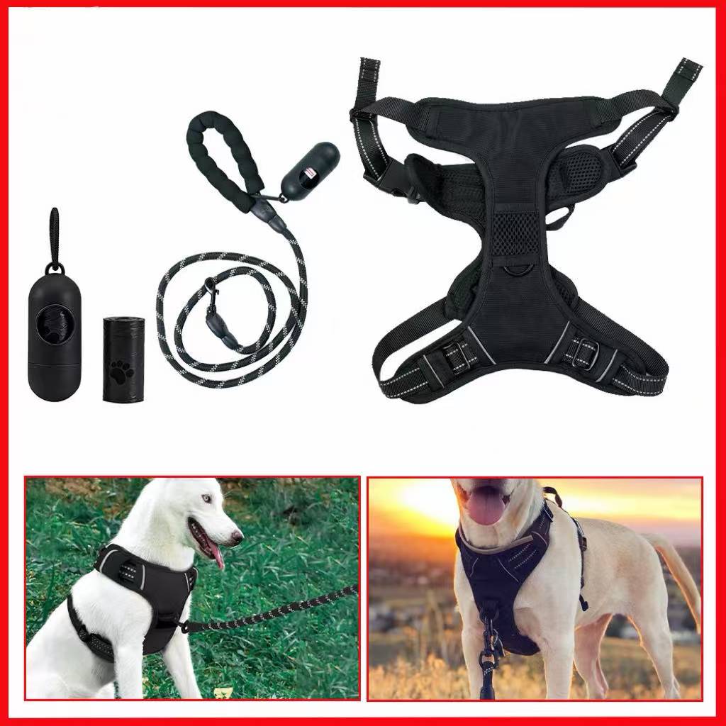 Pas de Harnais de Pull Chien Adjustable Réflectif Nylon Pet Vest avec Poop Bag Dispenser Set