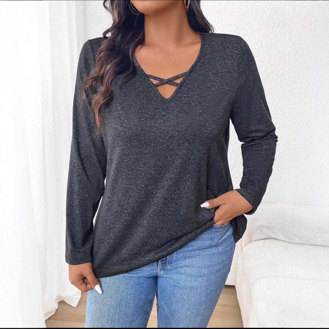 Top femme coton manches longues avec un col en V et un design croisé