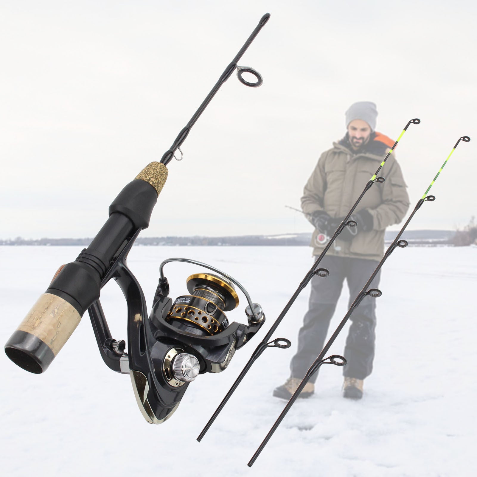 Double pointe de pêche à la glace d'hiver Spinning roue Tackle Set