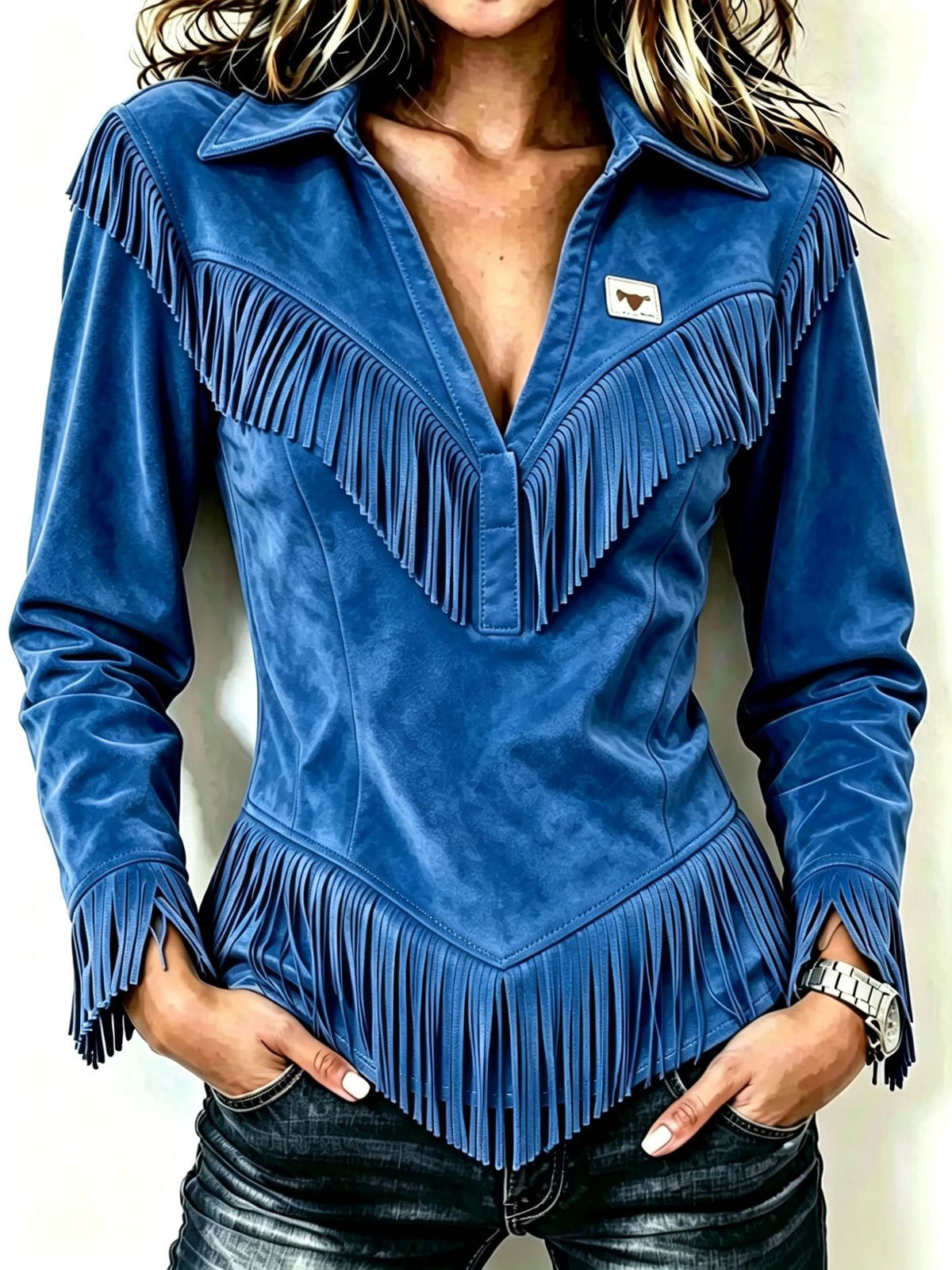 Deerskin Velvet Tassel Slim-fit chemise à manches longues