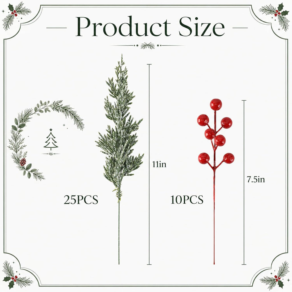 Branches artificielles de Noël Neige Norfolk Pine 35 PCS avec des tiges de baies rouges
