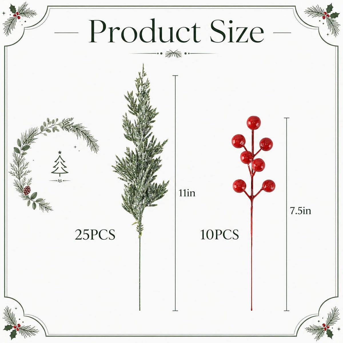 Branches artificielles de Noël Neige Norfolk Pine 35 PCS avec des tiges de baies rouges