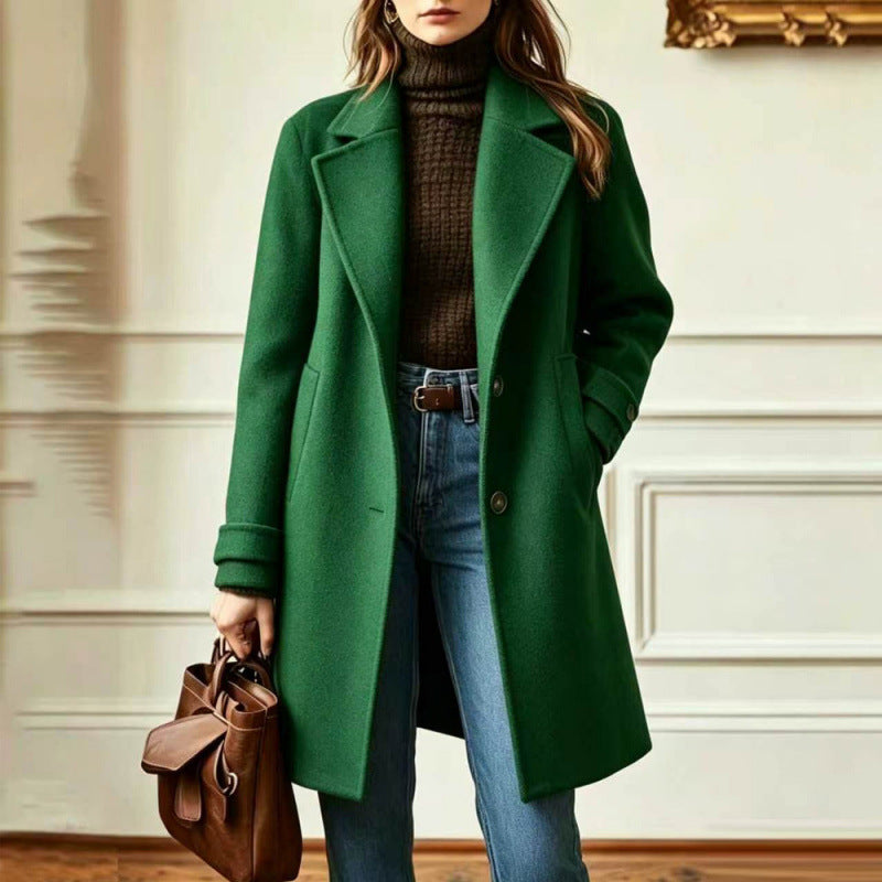 Élégant manteau de laine de couleur unie Midi-longueur avec un lapel