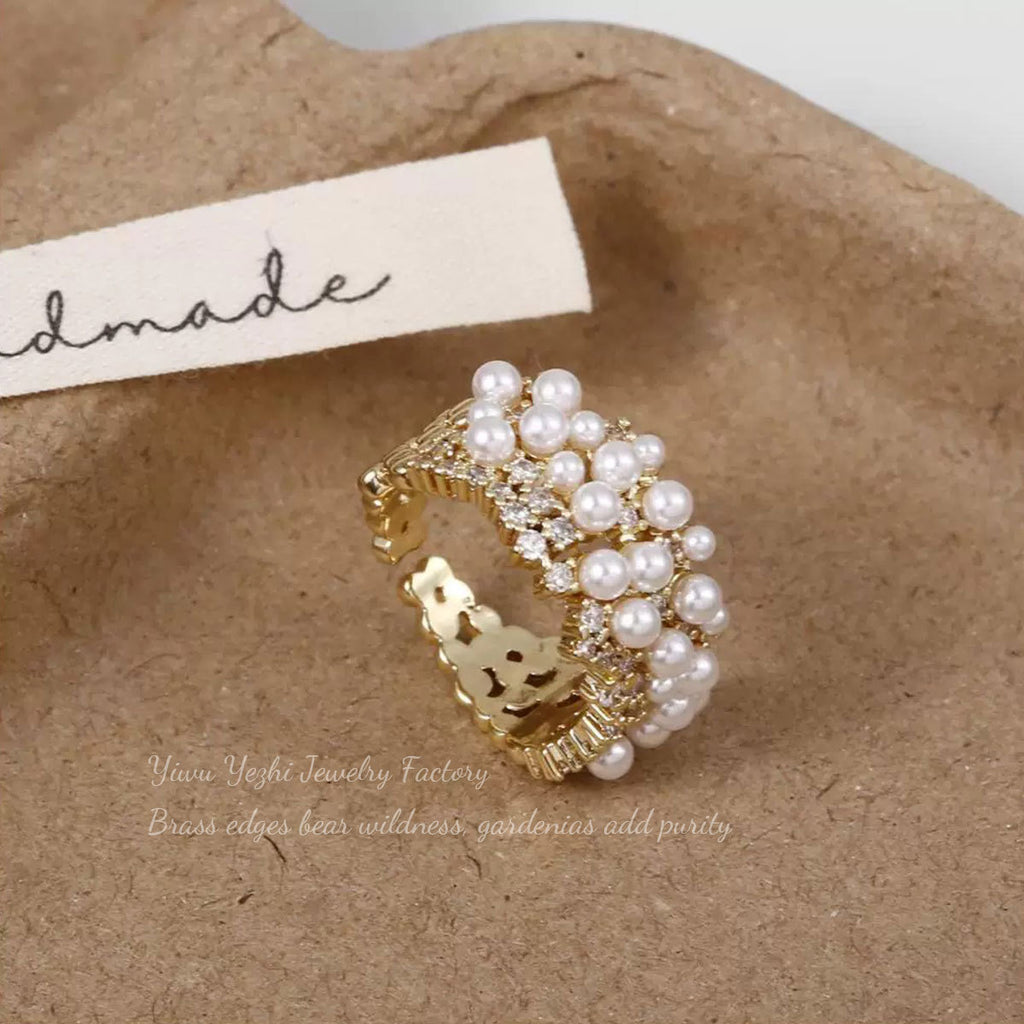 French Light Luxury Elegant Pearl Baby's Breath Bague Cuivre plaqué Real Gold Ajustable Op