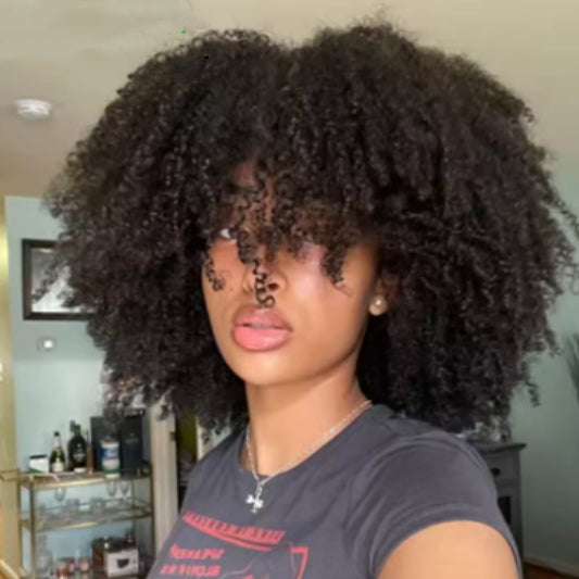 Afro Kinky Curly Cheveux humains Perruques sans colle avec Bangs 4B 4C